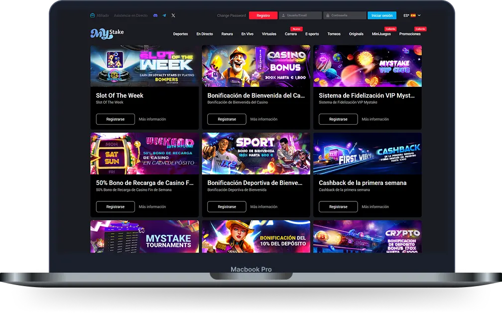 Mystake Casino Promociones Mystake Casino con página de promociones que incluye bonos, cashback, recargas, torneos y programa VIP